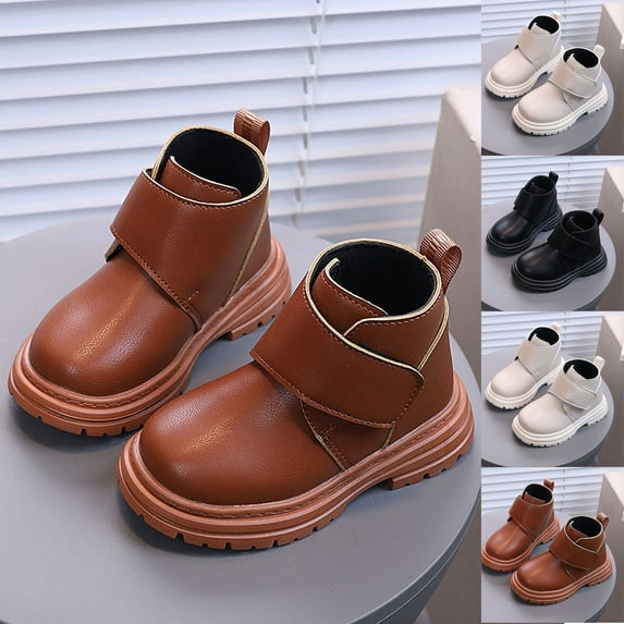 Auroural Leather Toddler Girls Winter Boots Girls Shoes Children's Winter Solid-color Short Leather Boots British-style Boots 4.5-5Years