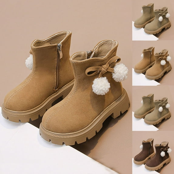 Auroural Girls Shoes Toddler Kids Winter Boots with Faux Fur Children's Winter Solid-color Short Leather Boots British-style Boots 9.5-10Years