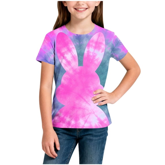Auroural Girls Short Sleeve Shirts Size 8-10 Shirts for Girls Children'S Short Sleeved Tie-Dye Easter Printed Rabbit Printed T-Shirt Girls Summer Shirts Round Neck Half Sleeved Casual Versatile