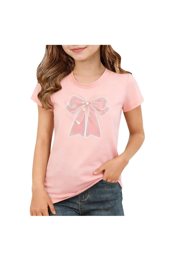 Girls Short Sleeve Shirts Size 8-10 Short Sleeve Shirts for Girls Girls' Summer Short Sleeve Candy-Colored Trendy And Stylish Bowknot Decorated T-Shirt for Small And Medium Sizes