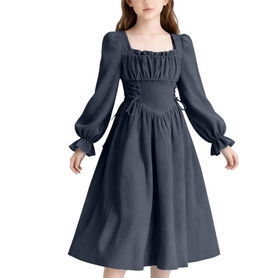 Auroural Girls' Solid Color French High-End Long Sleeve Square Neck Belted Mid-Length Dress