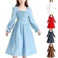 thumbnail image 1 of Auroural Girls' Solid Color French High-End Long Sleeve Square Neck Belted Mid-Length Dress, 1 of 7