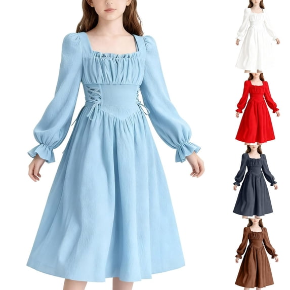 Auroural Girls' Solid Color French High-End Long Sleeve Square Neck Belted Mid-Length Dress
