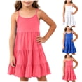 thumbnail image 1 of Auroural Girls Spaghetti Strap Tiered Sundress Kids Solid Sleeveless Ruffle Casual Summer Dress, 1 of 9
