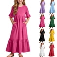 thumbnail image 1 of Auroural Girls Long Dresses Girls Summer Casual Dress with Ruffles Short Sleeve Round-Neck Dress for 4-14Y, 1 of 8