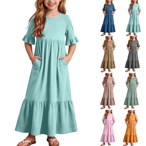 Auroural Girls Long Dresses Girls Summer Casual Solid Color Dress with Ruffles Short Sleeve Round-Neck Dress for 4-14Y