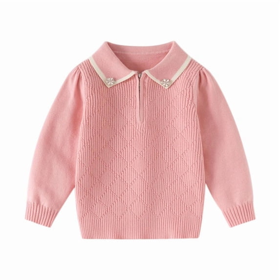 Auroural Girls Sweaters Children's Solid Color Lapel Long Sleeved Sweater Base Shirt Casual And Comfortable Knitted Top Pink 2 Years