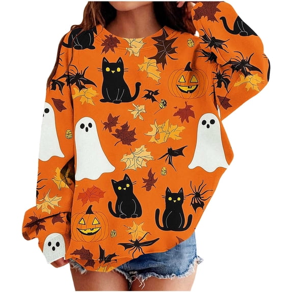 Auroural Girls Sweatshirts Size 8-10 Girls Boys Pumpkin Ghost Prints Casual Loose Fleece-Lined Warmth Long Sleeve Round Neck Sweatshirt Kids Girls Sweatshirts Boys Sweatshirts