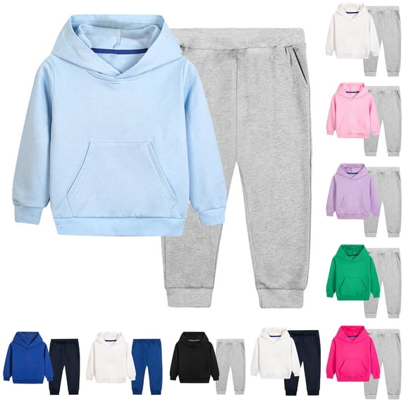 Auroural Girls Sweatsuits 2pcs Sets Children's Solid Color Block Casual Fashion Long Sleeved Top And Long Foot Binding Sweatpants Two-piece Hooded Set For Kids Hot Pink 11-12Years