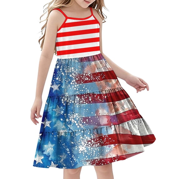 LOOK! Auroural Kids Girls Fashion Independence Day Print Cute Solid Color Straps Sleeveless Loose Dress Tiered Skirt(3-14Years)