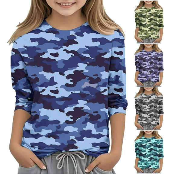 Auroural Kids Long Sleeve Shirts Boys And Girls Casual Camouflage Print 3/4 Sleeve Round Neck Top For 3-12 Years Blue 7 Years