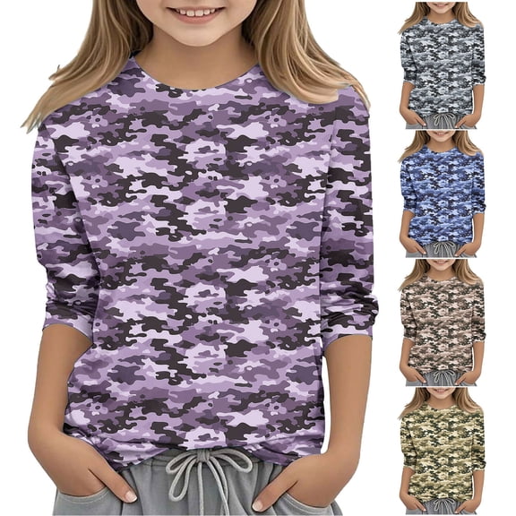 Auroural Kids Long Sleeve Shirts Boys And Girls Casual Camouflage Print 3/4 Sleeve Round Neck Top For 3-12 Years Camouflage 5 Years