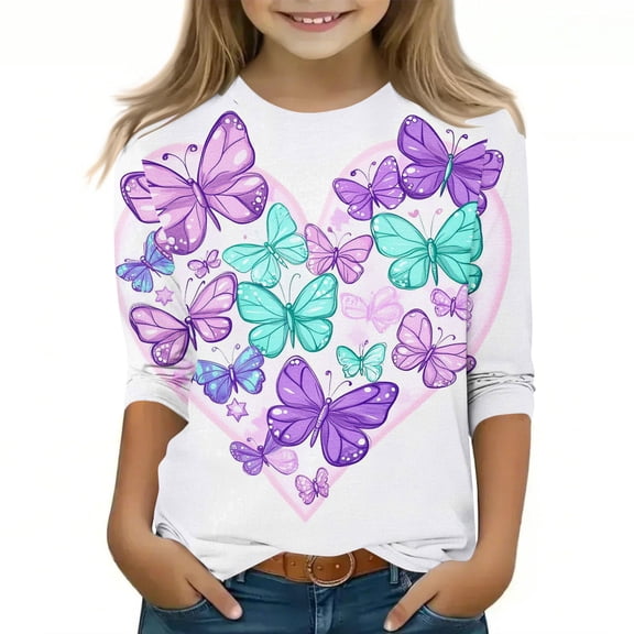 Auroural Kids Long Sleeve Shirts Children's Fashion Printed 3/4 Sleeve Round Neck Pullover Base Shirt Long Sleeved Round Neck Top/shirt Multicolor 110