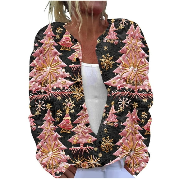 Auroural Ladies Sweaters Long Sleeve V-Neck Sweaters for Women Plus Size Cardigan Button Up Ladies' Casual Printed Knitted Cardigan with Button Up Jacket and Top