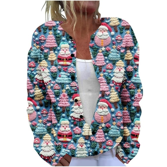 Auroural Ladies Sweaters Long Sleeve V-Neck Sweaters for Women Plus Size Cardigan Button Up Women's Casual Christmas Printed Knitted Cardigan Button Up Jacket Coat