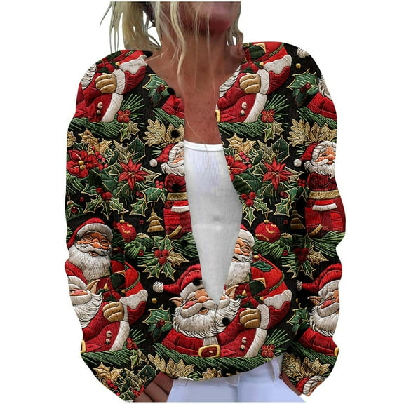 Auroural Ladies Sweaters Long Sleeve V-Neck Sweaters for Women Plus Size Cardigan Button Up Women's Casual Christmas Printed Knitted Cardigan Button Up Jacket Coat