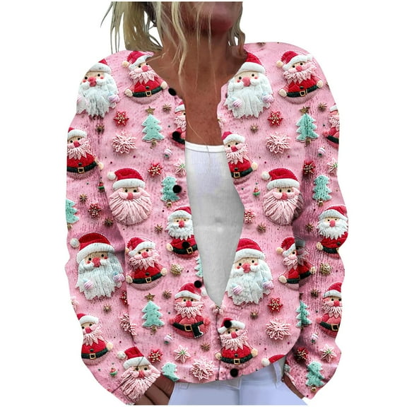 Auroural Ladies Sweaters Long Sleeve V-Neck Sweaters for Women Plus Size Cardigan Button Up Women's Casual Christmas Printed Knitted Cardigan Button Up Jacket Coat