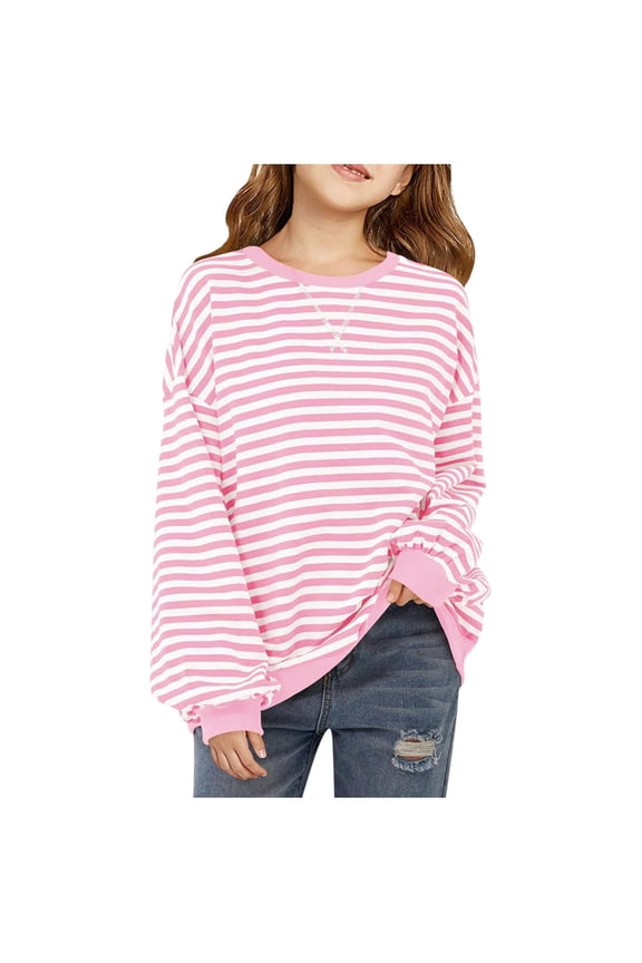 Little Girls Sweatshirts Sweatshirt for Girls Size 6 Fashionable Girl Casual Long Sleeved Top with Round Neck and Striped Printed Top 6 Years Pink