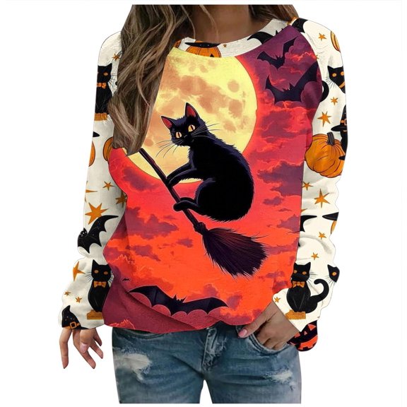 Auroural Long Sleeve Shirts for Women Plus Size Women's Halloween Printed Loose Round Neck Sweatshirt Multicolor XXL
