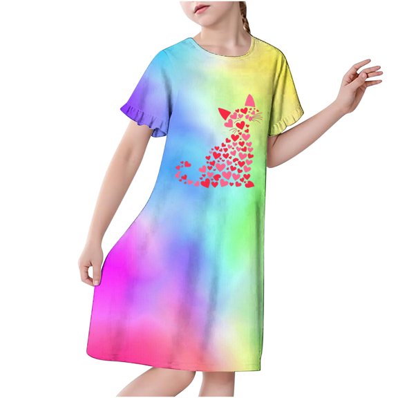 Auroural Nightgown Girls 7-8 3-12 Years Children's Fashion Printed Dreamy Pajamas Mid Calf Nightgown