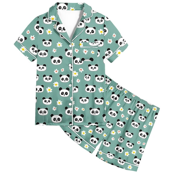 Auroural Pajamas for Girls Size 13 Girls Button Front Pajama Top & Shorts Set, Panda print, 2-Piece, Sizes 2-14 & Plus