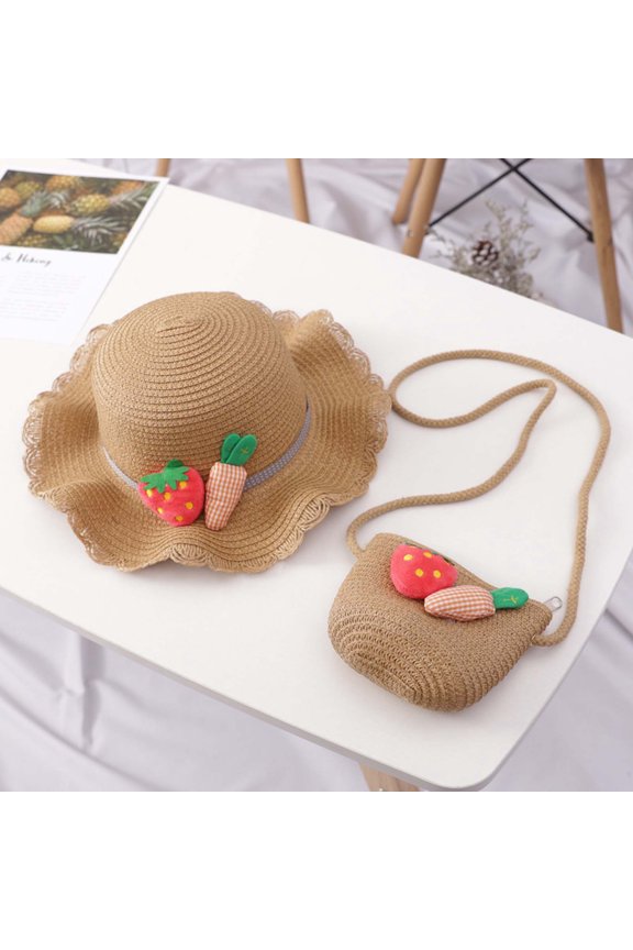 Summer Straw Hat Bag Set Woven Wide Brim Sun Beach Hats with Shoulder Bag Outdoor Outfit Set for Girls KidsHat Children's Strawberry Radish Decorated Hat Rope Beach Hat Sun Hat Bag Set