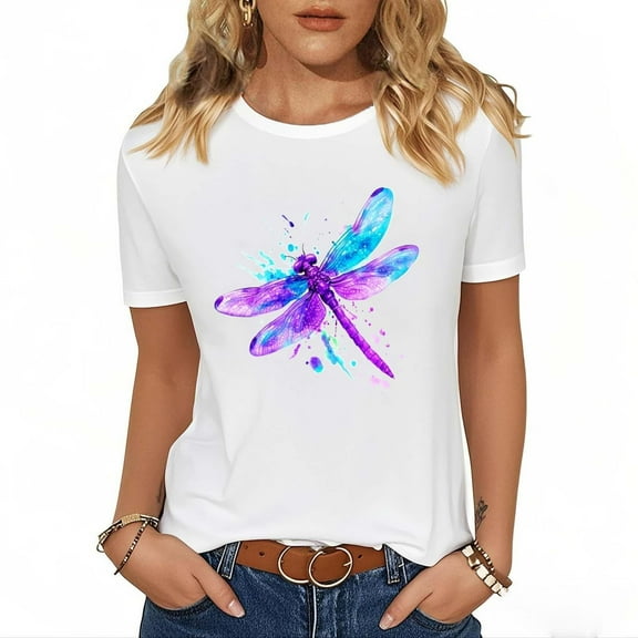 Auroural T Shirts for Women Short Sleeve Shirts for Women Graphic Tees Dragonfly Printed Shirt Short Sleeve Round Neck Outfit Clothes Workout Tops for Women Womens Tops 1PC Top White M