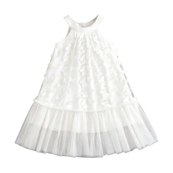 Auroural Toddler Girl Clothes 4T Girls Fashionable Solid Color Hanging Neck Three-dimensional Bow Mesh Dress 4 Years