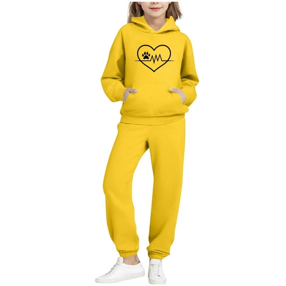 Auroural Toddler Girl Clothes 4T Set Children's Printed Color Long-sleeved Casual Sports Hoodie Long-sleeved Hooded Top + Two-piece Set With Elastic Waist Yellow 4 Years