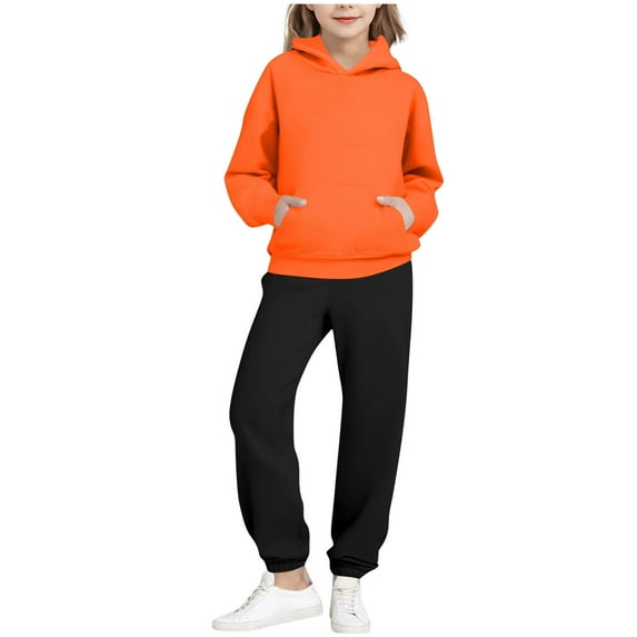 Auroural Toddler Girl Clothes 4T Set Children's Solid Color Long-sleeved Casual Sports Hoodie Long-sleeved Hooded Top + Two-piece Set With Elastic Waist Orange 4 Years