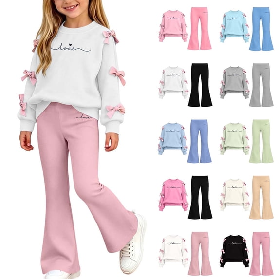 Auroural Toddler Girls 2 Piece Sets 5T Girls Bow Sweatshirt Crewneck Long Sleeve Pullover Top Girl's Heart Shaped Printed Top Flare Pants Two-Piece Set Kids Fall, Winter, Cute, Casual 5-15 Years