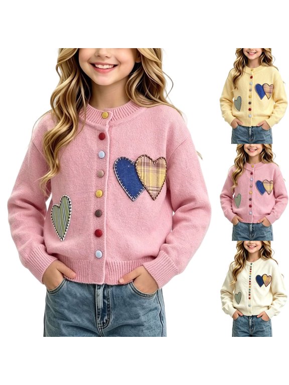 Toddler Girls Cardigan 2T Girls Heart Patch Knit Cardigan Long Sleeve Colorful Button Down Crew Neck Sweater Coat Kids 1-10 Years