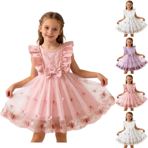 Auroural Toddler Girls Clothes 18-24M Girls' Summer Short Sleeve Ruffled Round Neck Lace Embroidery Mesh Princess Bow Skirt Netted Dresses