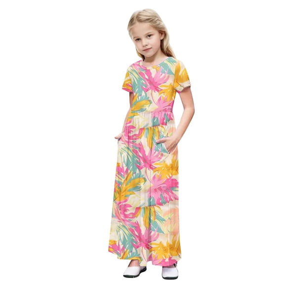 Auroural Toddler Girls Clothes 4T-5T Kids Girl Cute Floral Printed Short Sleeve Stretchy Pocket Dress A Line Long Dress