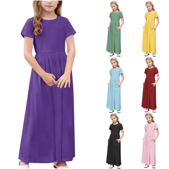 Auroural Girls Long Dresses Toddler Kids Cute Solid Color Short Sleeve Stretchy Pocket Dress A Line Long Dress
