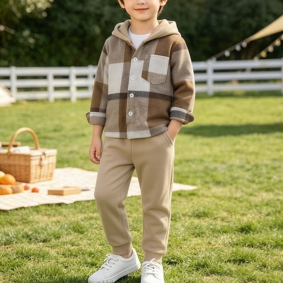 Auroural Boys Clothes 6-9 Months Boys Two Piece Set Fall Breasted Hooded Long Sleeve Checkered Top and Casual Pants for Boys Girls Middle and Young Children