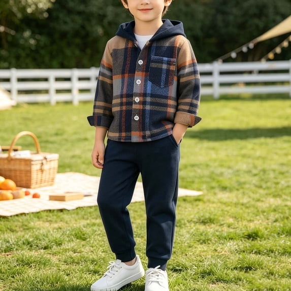 Auroural Boys Clothes Size 7 Boys Two Piece Set Fall Breasted Hooded Long Sleeve Checkered Top and Casual Pants for Boys Girls Middle and Young Children