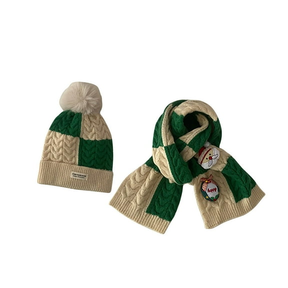 Auroural Winter winter hats for Kids Winter Scarf for Kids Christmas Wool Ball Woolen Hat Winter Hat Winter Warm Hat Scarf Two-piece Set Green