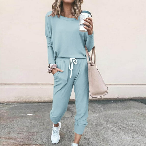 Auroural Women Suits in Clearance Women's Printing Round Neck Long Sleeve Solid Two-piece Comfortable Home Pajamas Pocket Set Sports Set