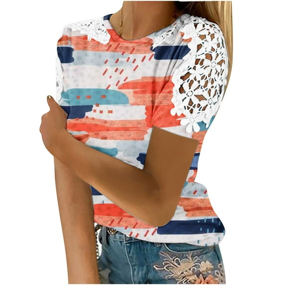 Auroural Womens Clothes Clearance Women's Fashion Summer Round Neck Leisure Short Sleeve Printed Lace Stitching Tops