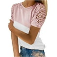 thumbnail image 1 of Auroural Womens Clothes Clearance Women's Fashion Summer Round Neck Leisure Short Sleeve Solid Color Lace Stitching Tops, 1 of 1