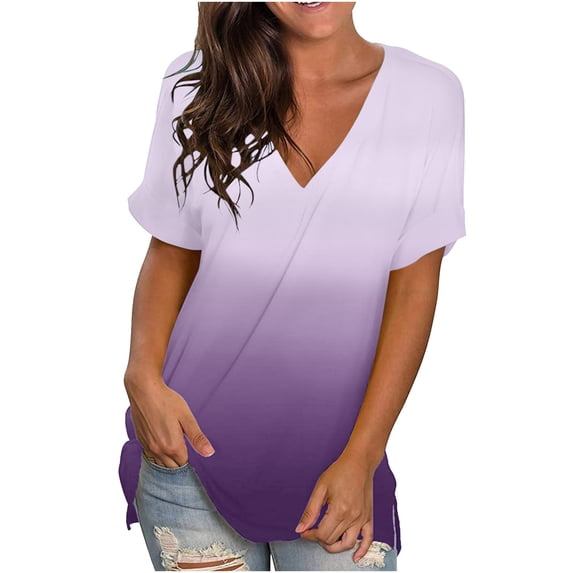 Auroural Womens Gradient Tops V-Neck Short Sleeve Blouse Shirts