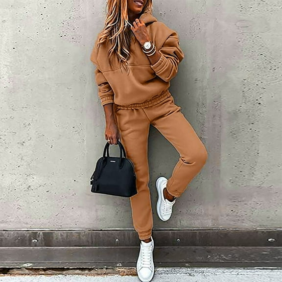 Auroural Womens Sets Clearance Women Casual Solid Color Two Piece Long Pants Hooded Pullover Long Sleeve Sweatshirts Sets
