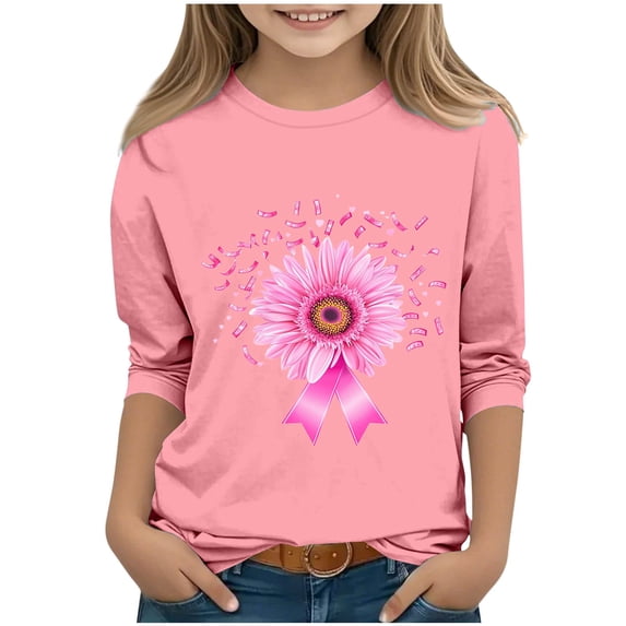 Auroural Big Girls Long Sleeve Shirts Children's Print 3/4 Sleeve /Three Quarter Round Neck Bottom Shirt And Top For Kids Pink