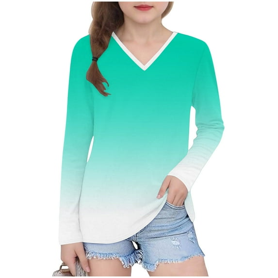 Auroural Big Girls Long Sleeve Shirts Girl's Long Sleeved Gradient Printed Shirt Cute V-neck Casual Shirt Top Mint Green