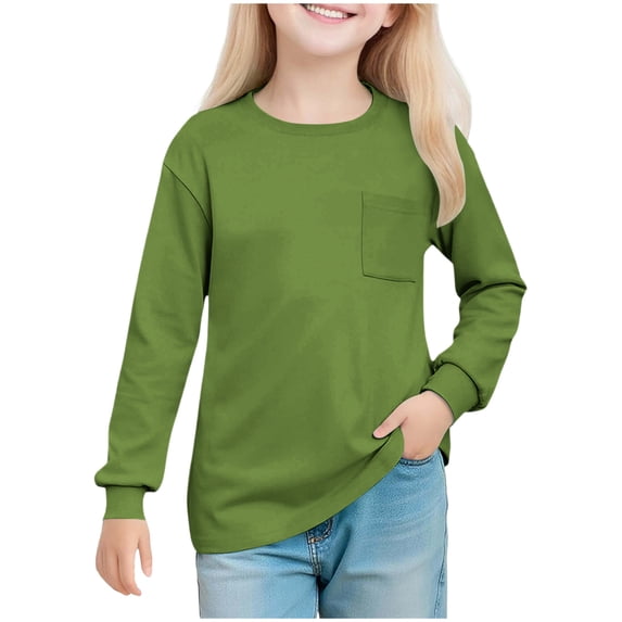 Auroural Big Girls Long Sleeve Shirts Girls' Solid Color Round Neck Long Sleeved Top Children's Pullover Shirt For 5-14 Years Green