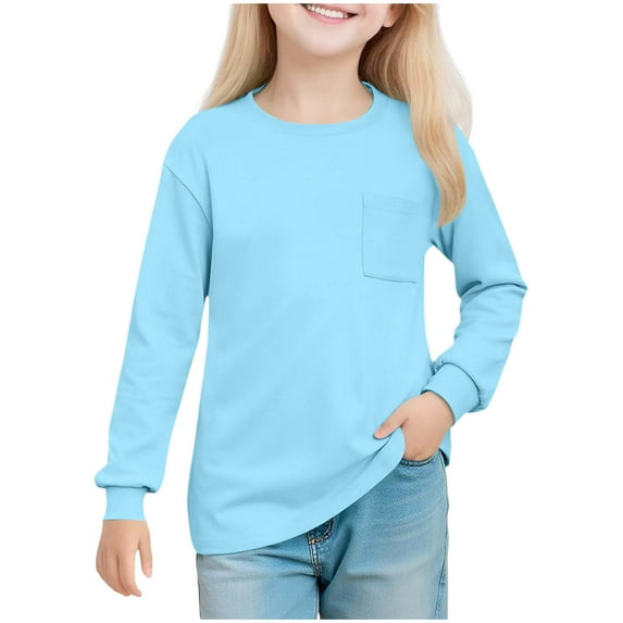 Auroural Big Girls Long Sleeve Shirts Girls' Solid Color Round Neck Long Sleeved Top Children's Pullover Shirt For 5-14 Years Light Blue