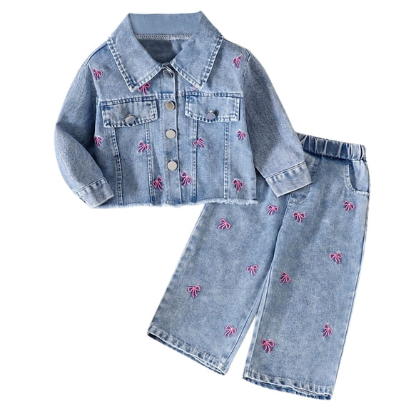 Auroural Children's Clothing Long Sleeve Kids Set Toddler Girl Clothes 2T Fall/Winter Sets Girl's Embroidered Bow Long Sleeve Notched Lapel Jacket And Elastic Waist Pockets Jeans Set