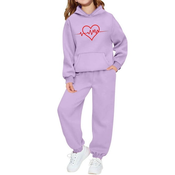 Auroural Everyday Kids Outfits Sets 2-Piece Sets Girl Clothes Sets 2T-4T Children's Heart-shaped Print Long Hoodie And Leg Tied Sweatpants Casual Sports Two-piece Set For Kids