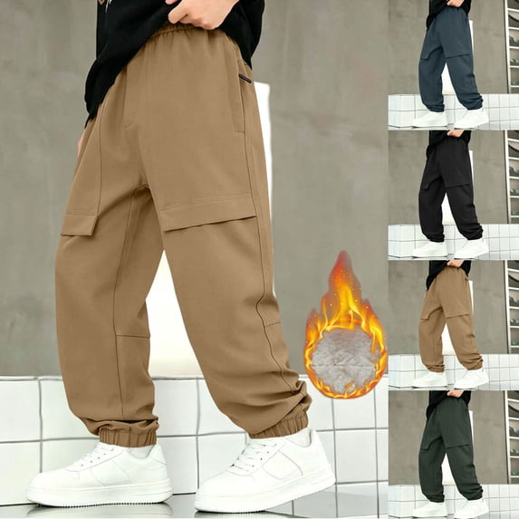 Auroural girls cargo pants size 14-16 Children's Solid Color Fleece-lined Warmth Loose Casual Fashionable Elastic Waist Casual Sports Workwear Pants Kids